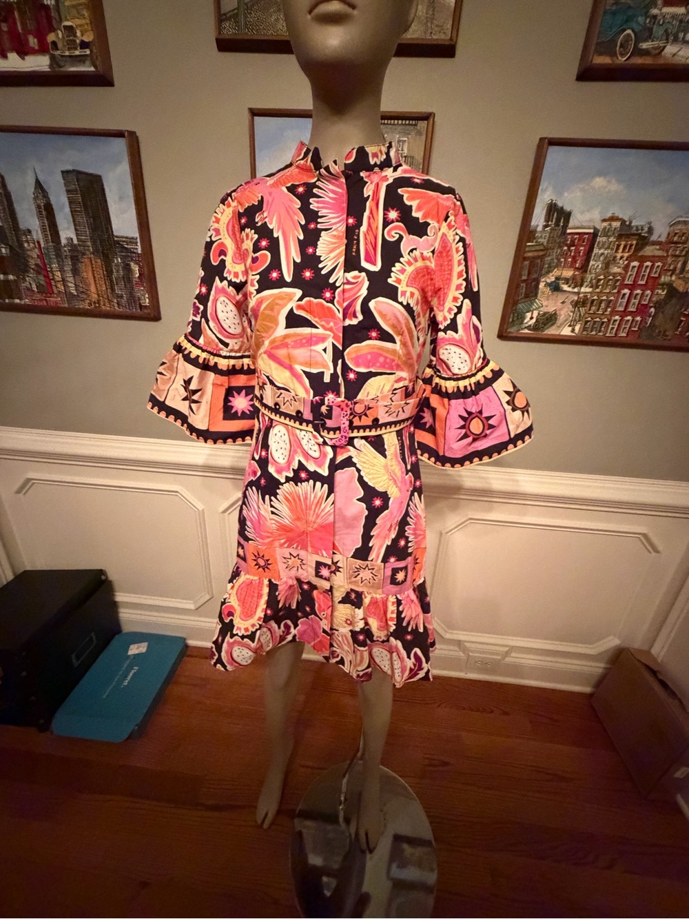 FARM Rio Black Mini Dress with Pink and Orange Floral Print